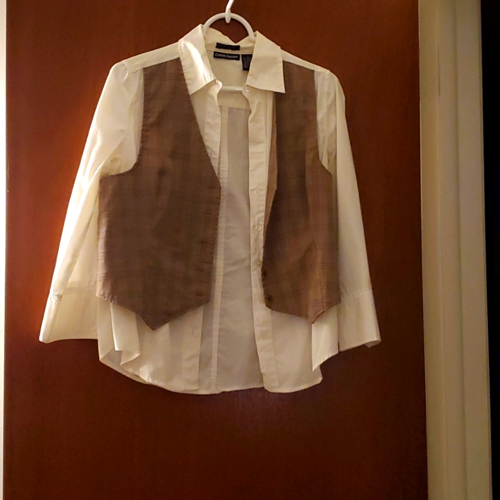 White tailored shirt button front with attached Brown vest